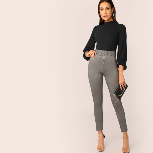 

Wide Band Waist Button Front Skinny Pants