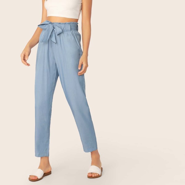 

Paperbag Waist Self Belted Pants, Blue