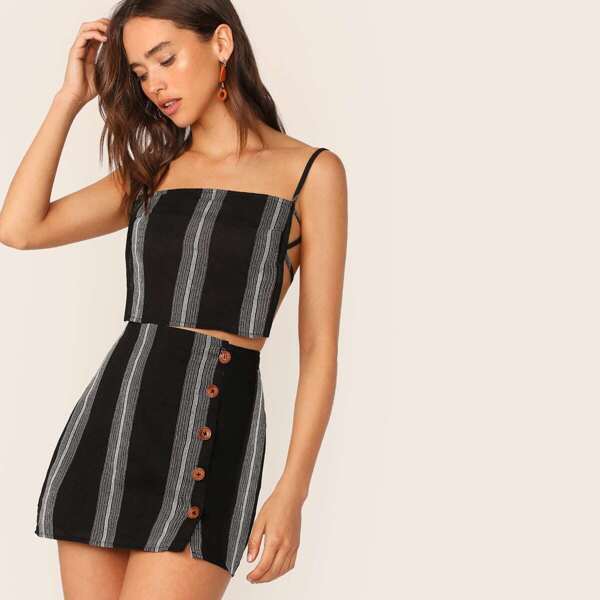 

Strappy Open Back Top and Button Front Skirt Set, Black