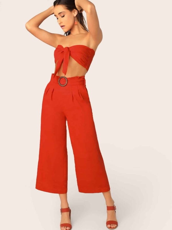 

Neon Orange Knot Bandeau & Buckle Belted Pants Set, Anna Herrin