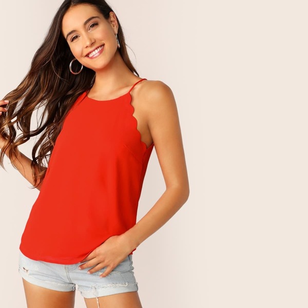 

Neon Orange Scallop Edge Top, Red