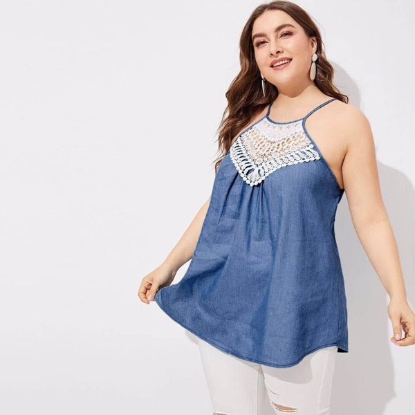 

Plus Contrast Lace Denim Cami Top, Blue