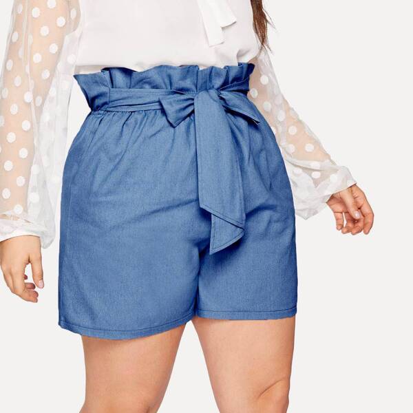 

Plus Knot Paperbag Denim Shorts, Blue