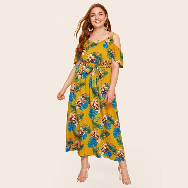 

Plus Floral Print Cold Shoulder Dress
