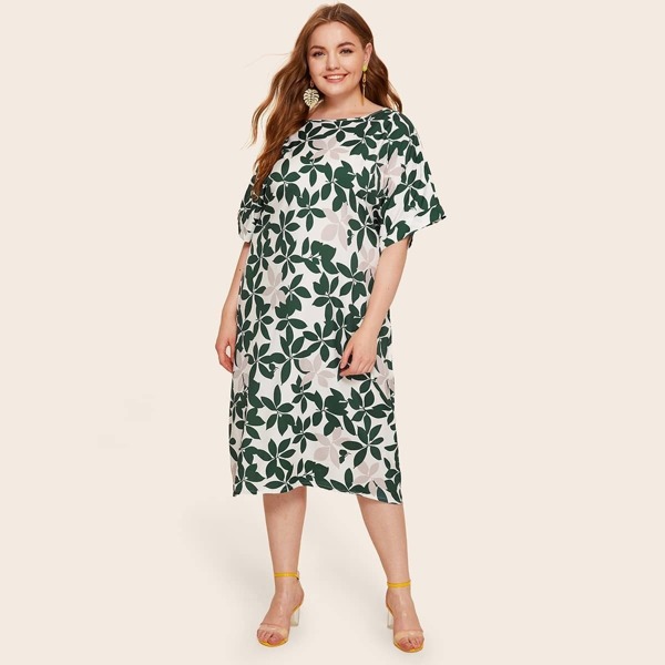 

Plus Leaf Print Dress, Multicolor