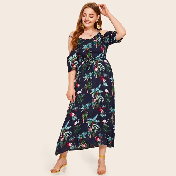 

Plus Cold-Shoulder Tropical And Flamingo Print Dress