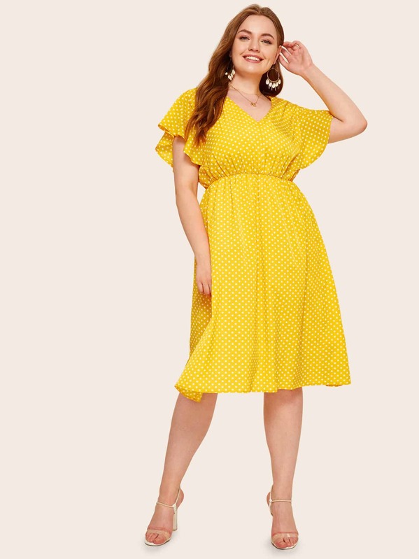 

Plus Polka Dot V-neck Dress, Yellow, Olga B