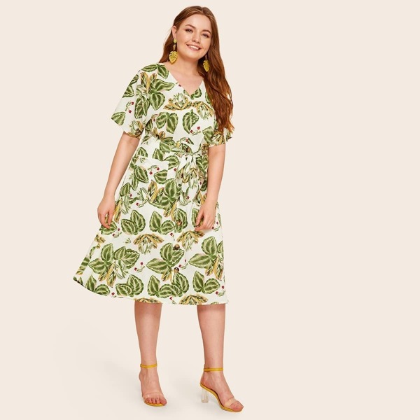 

Plus Floral And Leaf Print Self Tie Shirt Dress, Multicolor