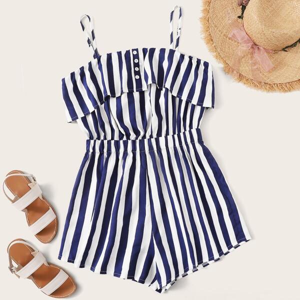 

Plus Button Striped Cami Romper, Navy