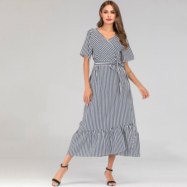 

Surplice Wrap Ruffle Hem Stripe Dress