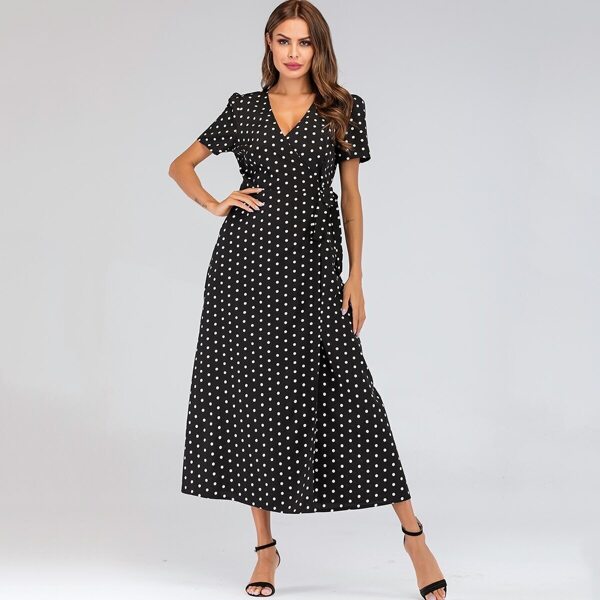 

Surplice Wrap Tie Waist Polka Dot Print Dress, Black and white