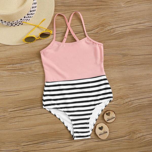 

Girls Crisscross Back Splicing One Piece Swimsuit