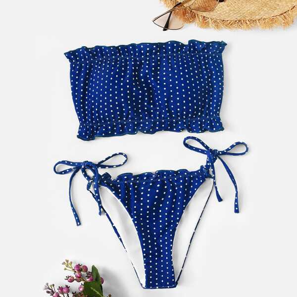 

Polka-dot Ruffle Bandeau With Tied Side Bikini Set