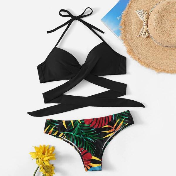 

Cross Wrap Halter Top & Random Tropical Bikini Set