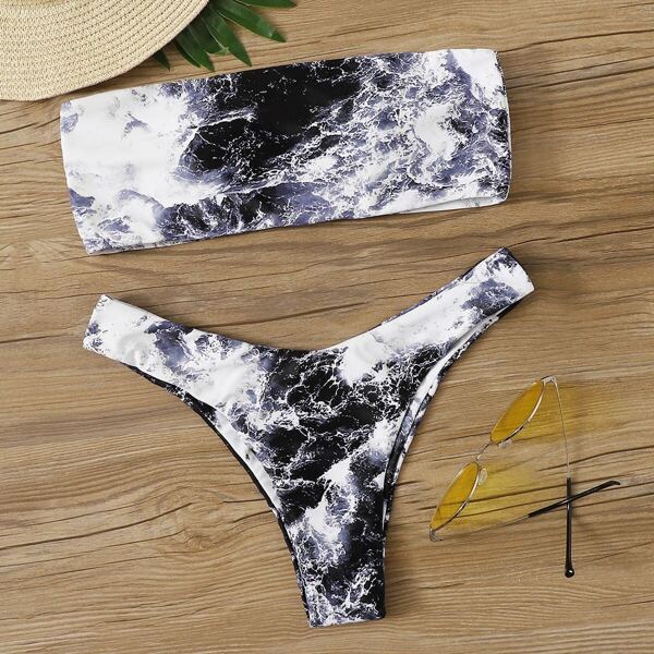 

Random Marble Print Bandeau With High Cut Bikini