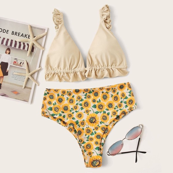 

Frill Strap Top With Floral High Waist Bikini
