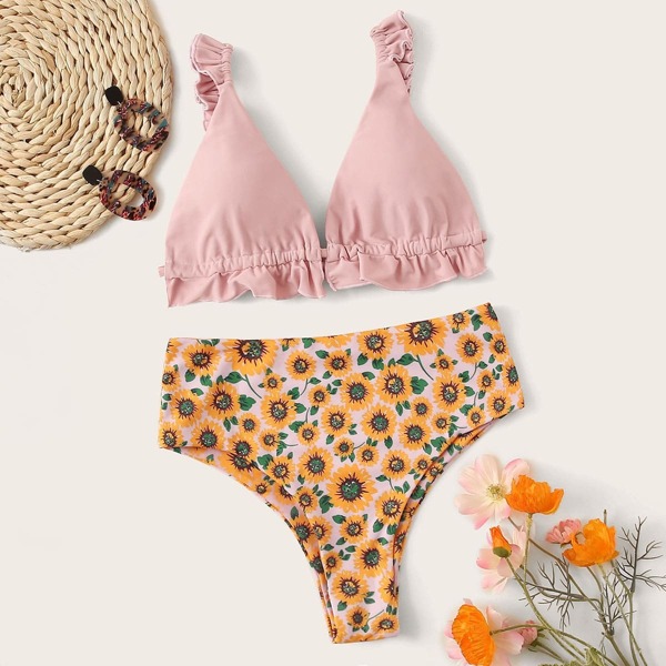 

Frill Strap Top With Random Sunflower High Waist Bikini, Multicolor