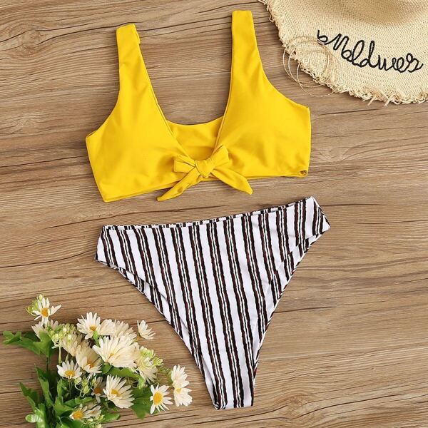 

Tie Front Top With Striped Bikini Set