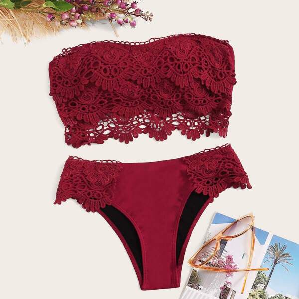 

Lace Panel Tie Back Bandeau Bikini Set