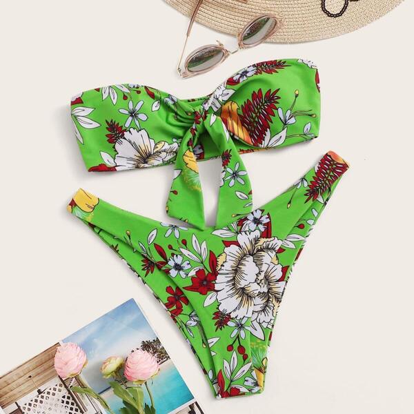 

Random Floral Knot Front Bandeau With High Leg Bikini