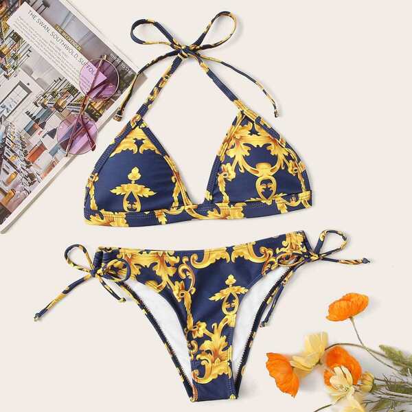 

Baroque Print Top With Drawstring Bikini Set