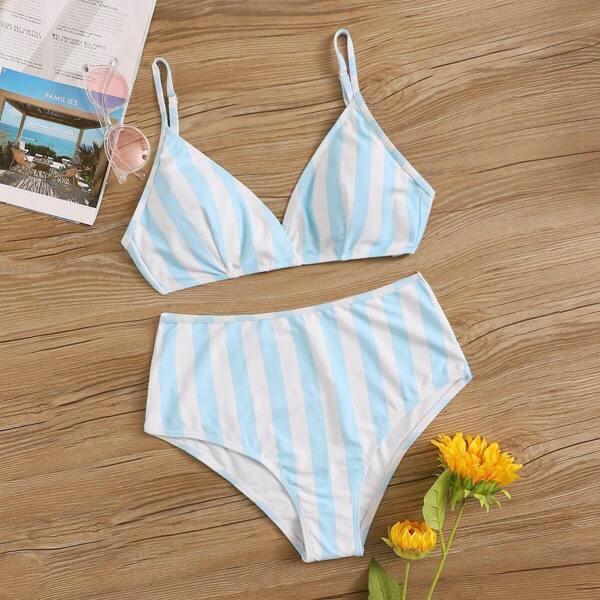

Striped Plunge Neck Top With High Waist Bikini