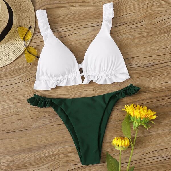 

Frill Trim Plunge Neck Top With Tanga Bikini Set