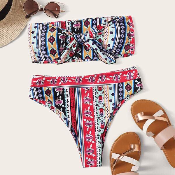 

Random Graphic Print High Waist Bandeau Bikini