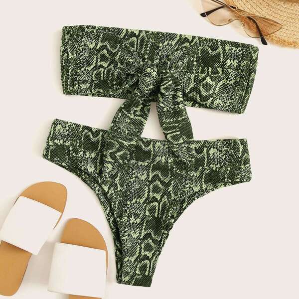

Snakeskin Tie Front Bandeau Bikini Set