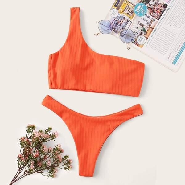 

One Shoulder Top With High Cut Bikini Set