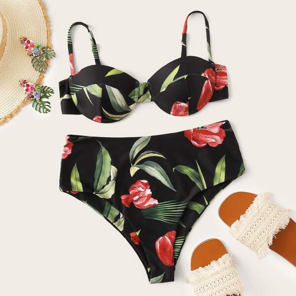 

Random Tropical Print High Waist Underwired Bikini Set