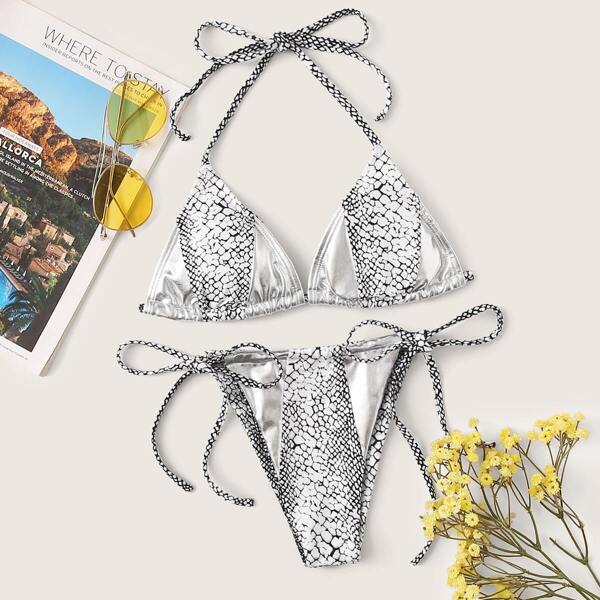 

Croc Print Halter Top With String Bikini