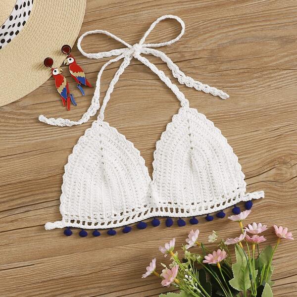 

Pom Pom Trim Crochet Halter Bikini Top