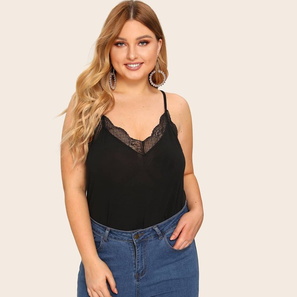 

Plus Lace Trim Solid Cami Top, Black