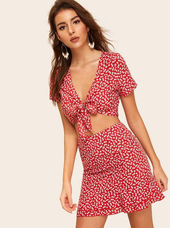 

Ditsy Floral Print Knot Detail Top With Skirt, Red, MARTINA