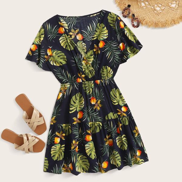 

Surplice Fruit & Plants Print Ruffle Hem Dress