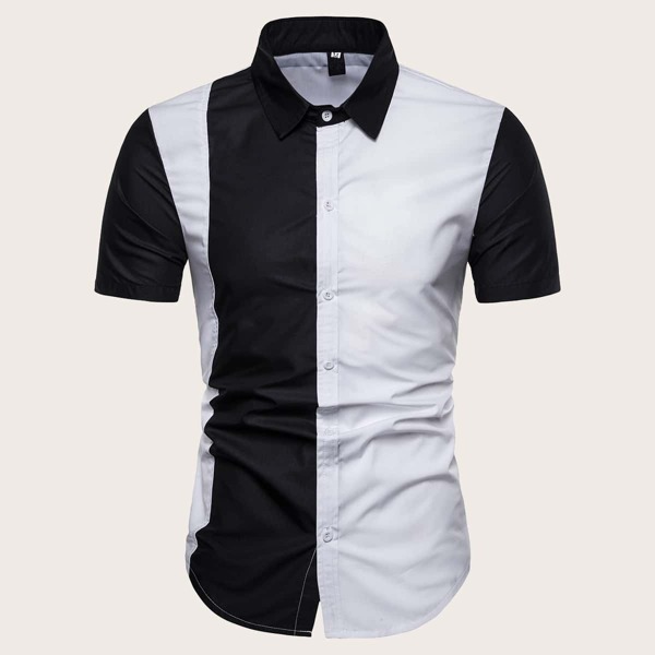 

Men Cut And Sew Panel Curved Hem Shirt
