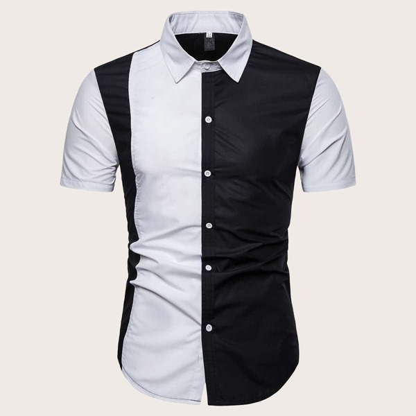 

Men Cut And Sew Panel Curved Hem Shirt