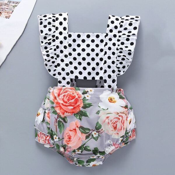 

Baby Floral & Polka Dot Print Frill Combo Romper