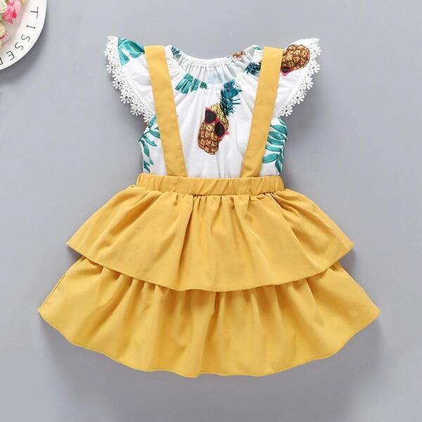 

Baby Pineapple Print Lace Trim Top With Tiered Layer Skirt