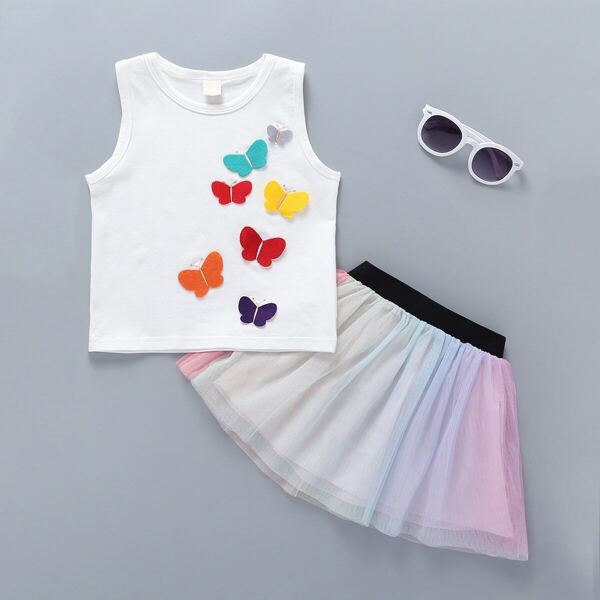 

Baby Girls Butterfly Patched Tank Top With Mesh Skirt, Multicolor