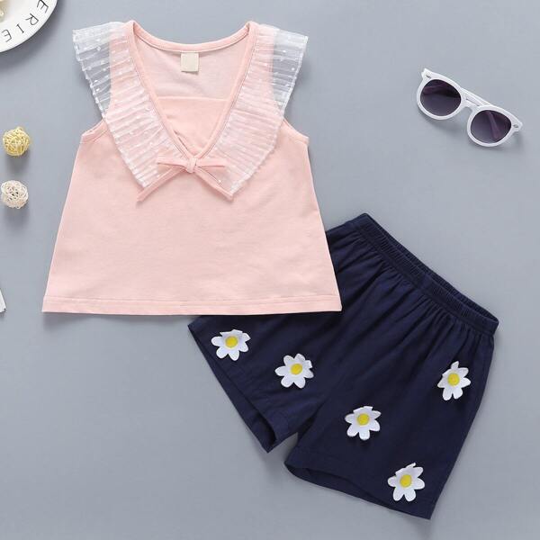 

Baby Dobby Mesh Panel Tank Top With Appliques Shorts