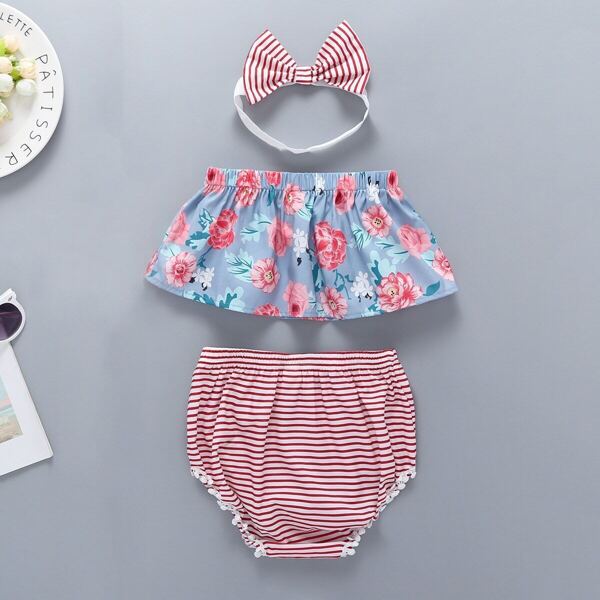 

Baby Floral Print Bandeau & Lace Trim Striped Shorts & Headband, Multicolor