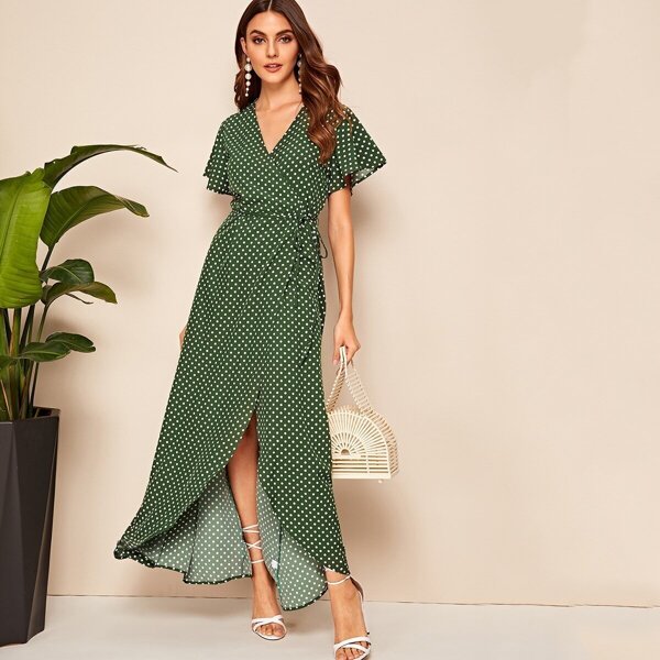

Polka Dot Knot Side Wrap Dress, Green
