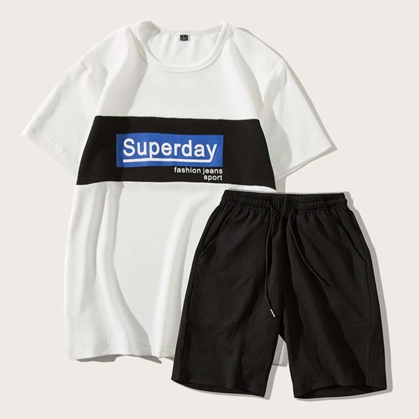 

Men Letter Print Contrast Panel Tee With Shorts