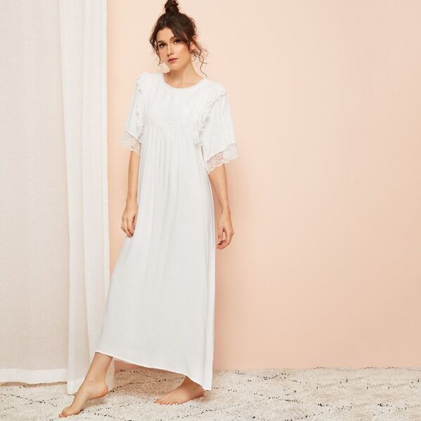 

Floral Lace Panel Night Dress, White