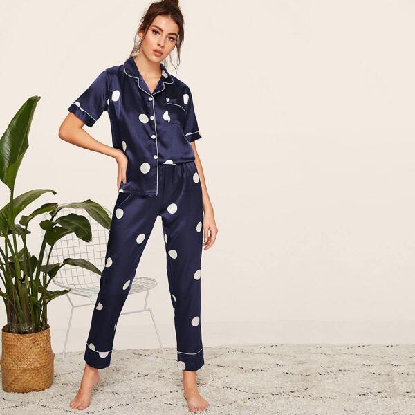 

Polka Dot Satin Pajama Set, Navy