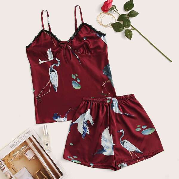 

Crane Print Lace Trim Satin Cami PJ Set