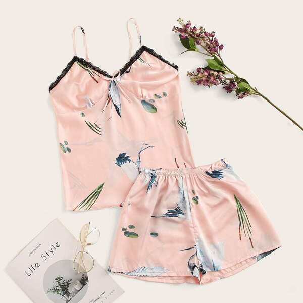 

Crane Print Lace Trim Satin Cami PJ Set
