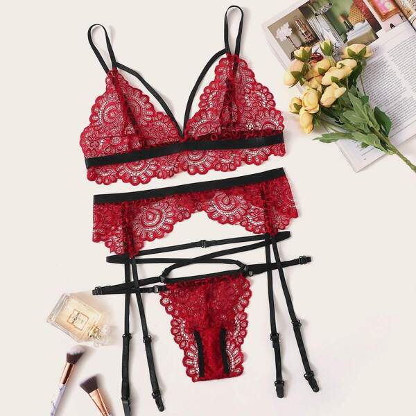 

Floral Lace Garter Lingerie Set